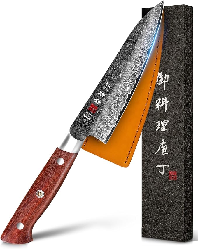 13.5 cm Japanese utility or petty knife with listed VG10 steel and red sandalwood handle