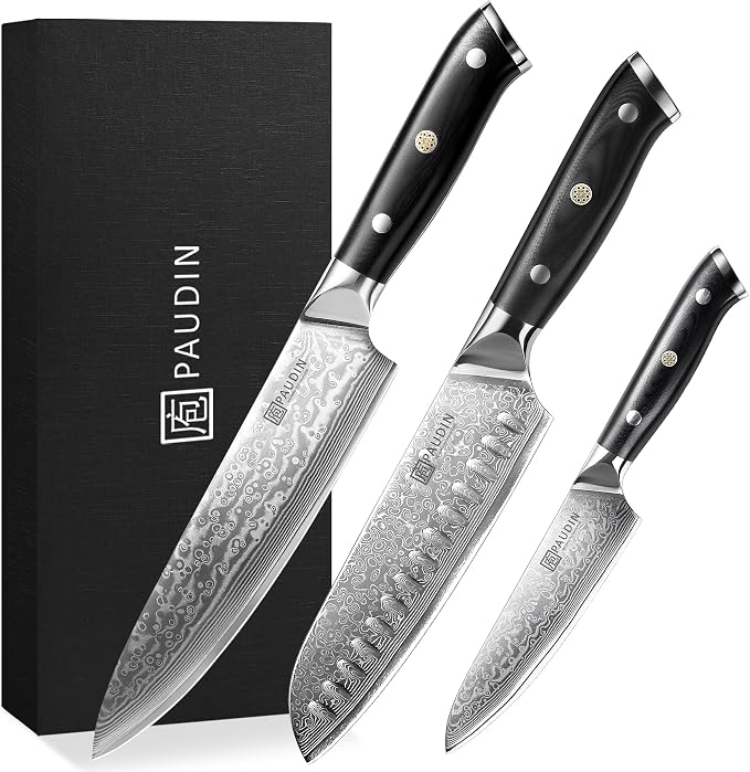 PAUDIN three piece Damascus kitchen knife set