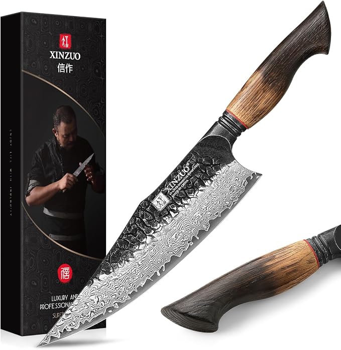 XINZUO 21.9 cm Japanese-style gyuto knife with wood and red G10 handle accents