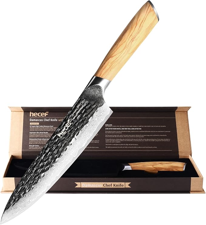 hecef 8-inch Damascus chef knife with olive wood handle and gift box