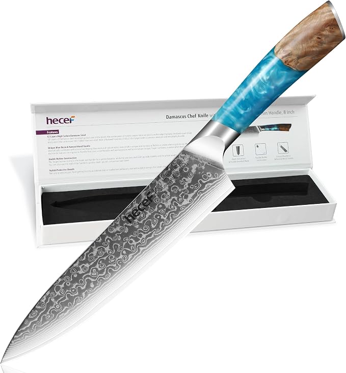 hecef 8-inch Damascus chef knife with resin handle and knife protector