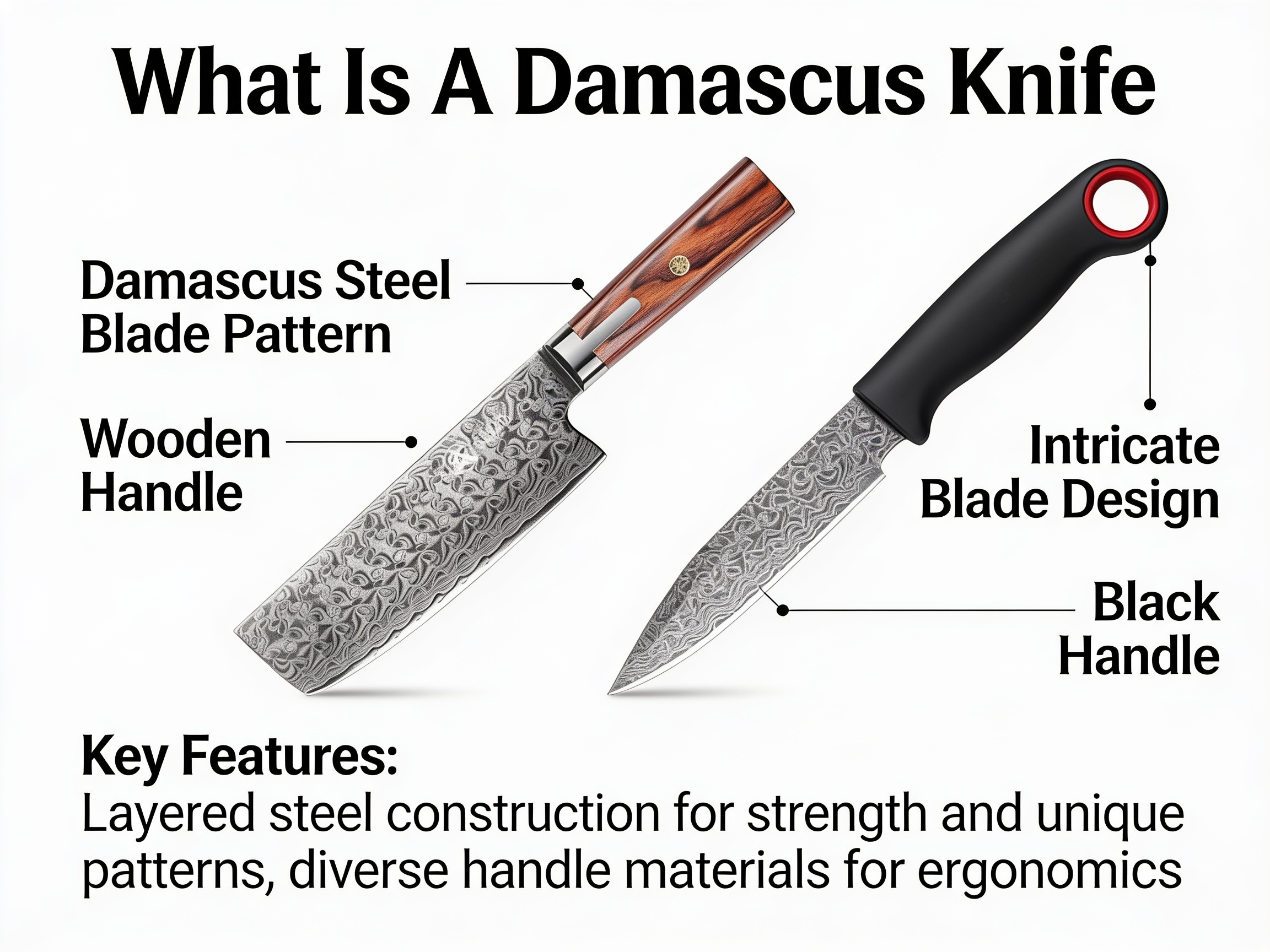 What is a Damascus knife, shown on two blades with callouts for the pattern, handle and key features